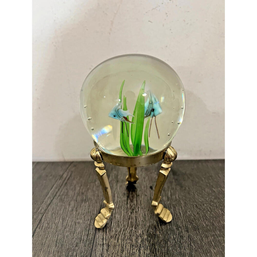 Vtg Art Glass Aquarium Paperweight Two Blue Fish Swimming Bubbles and Seaweed